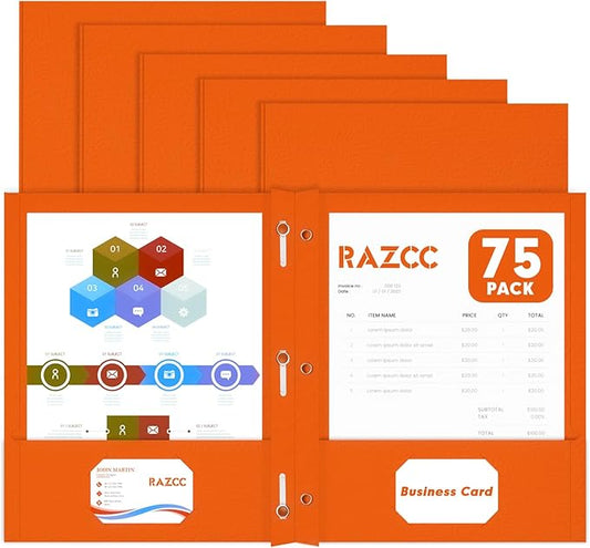 Two Pocket Folders, RAZCC 75 Pack Two Pocket Folders with Prongs, 3 Prong Folders Fit Letter Size Paper, Pocket File Folders for School Office Home Business, Orange