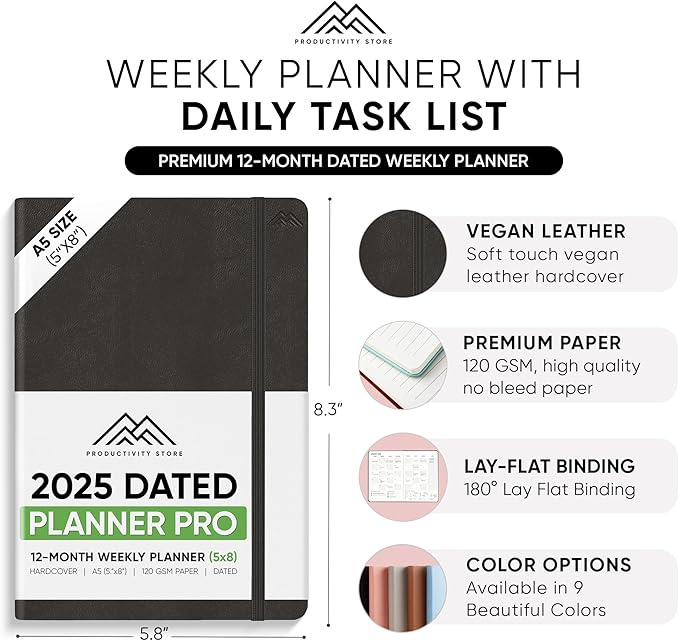 PRODUCTIVITY STORE Pro - Dated, 2025 Planner, 5.8” x 8.3” - The #1 Productivity Planner to Achieve Your 2025 Goals - Planner 2025-2026 - Black - A5