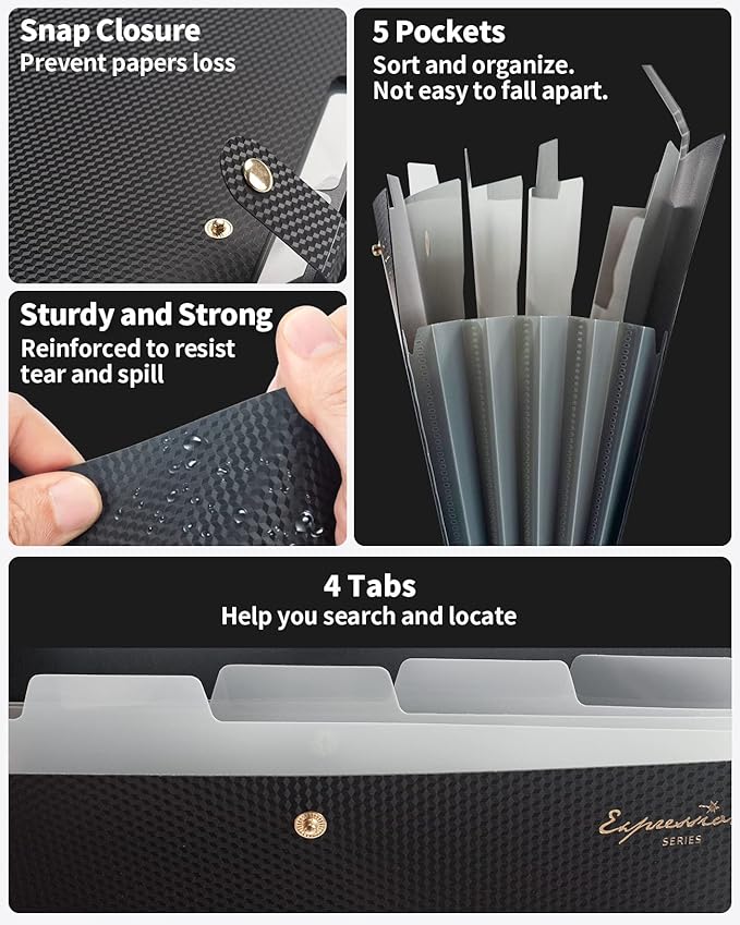 Sooez Expanding File Folder, Letter Size Accordion File Organizer, 5 Pocket Folders for Documents, Portable Filling Products for School Office Supplies, Black
