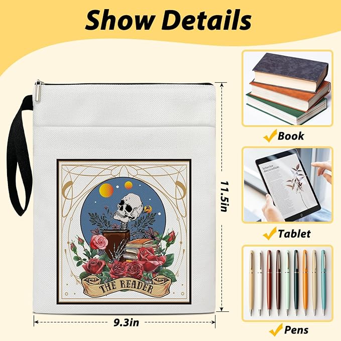 Gothic Skeleton Book Sleeve, Book Lovers Gifts Book Pouch Book Sleeve with Zipper and Front Pocket Reader Gifts Birthday Gifts for Adult Teen Teacher -03