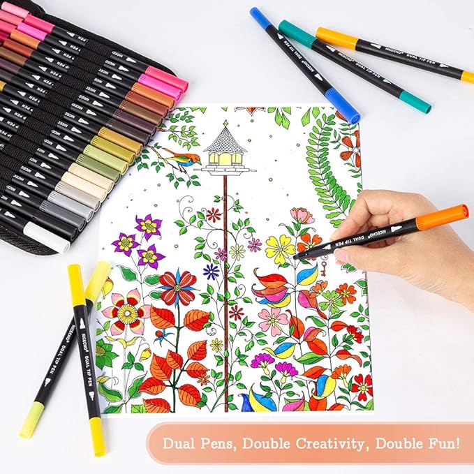 Art Markers Dual Brush Pens for Coloring, 60 Artist Colored Marker Set, Fine and Brush Tip Pen Art Supplier for Adult Coloring Books, Bullet Journaling, Drawing