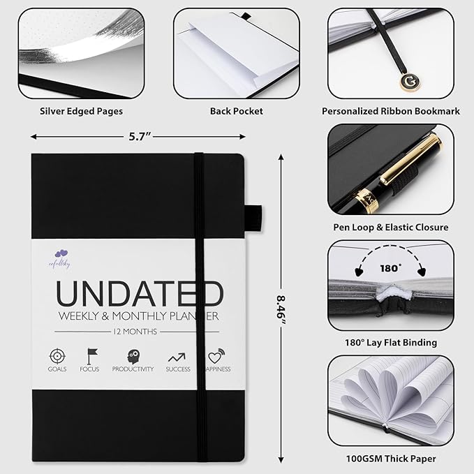 Undated Weekly and Monthly Planner, Cofullsky Weekly To Do List Planner Notebook with Unique Lettering Ribbon A5 Size Personalized Present Suitable for Women Men Teachers Kids (Letter L)