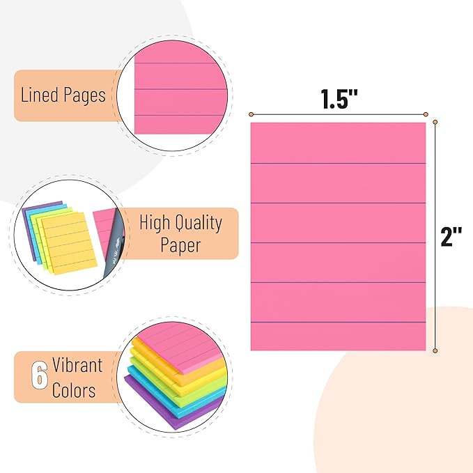 Mr. Pen- Lined Sticky Notes 1.5x2, 6 Pads, 60 Sheets/Pad, Vibrant Colors, Sticky Notes with Lines, Sticky Note Pads, Sticky Pads, Sticky Notes Lined, Colorful Sticky Notes, Mr Pen Sticky Notes