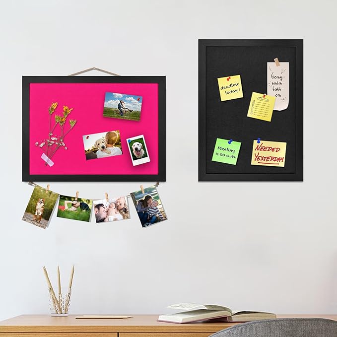 2PCS Black Bulletin Boards Cork Board with Felt, 15"x11" Small Display Pin Board Vision Board for Walls, Jewelry, Notes, Collection, Photos, Office, Wood Framed(Black) & Felt(Black), 2p