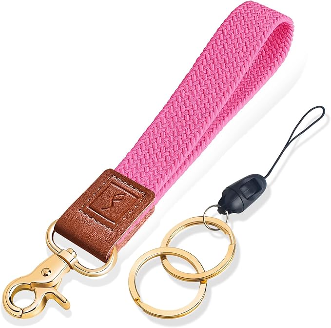 Fishent Stretchy Wristlet Keychain,Braided Cute Wrist Lanyards for Keys, Key Chain Holder for Women Men, Wrist Strap Keychain for Car Keys Phone Camera Wallet ID Badges Card (Pink)