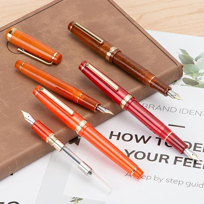 Jinhao 82 Acrylic Fountain Pen, Iridium Extra Fine Nib with Ink Converter, Transparent Coffee Fluorescent Classic Design Smooth Writing Pen (Gold Trim)