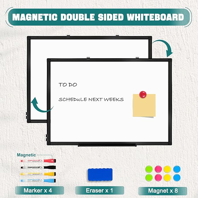 Double Sided Whiteboard, White Board for Wall Mounted 24''X18'' Magnetic Dry Erase Board with Black Aluminum Frame