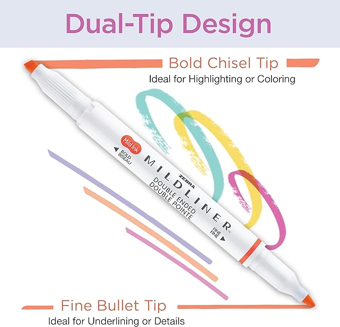 Zebra Pen Mildliner, Double Ended Highlighter, Broad and Fine Tips, Assorted Cool and Refined Colors, 5-Count