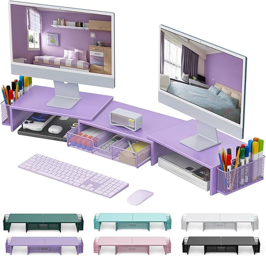 gianotter Dual Monitor Stand Riser, Desk Organizer With Drawer and 2 Pen Holders, Desk Organizers and Accessories, Purple Office Decor (Purple)