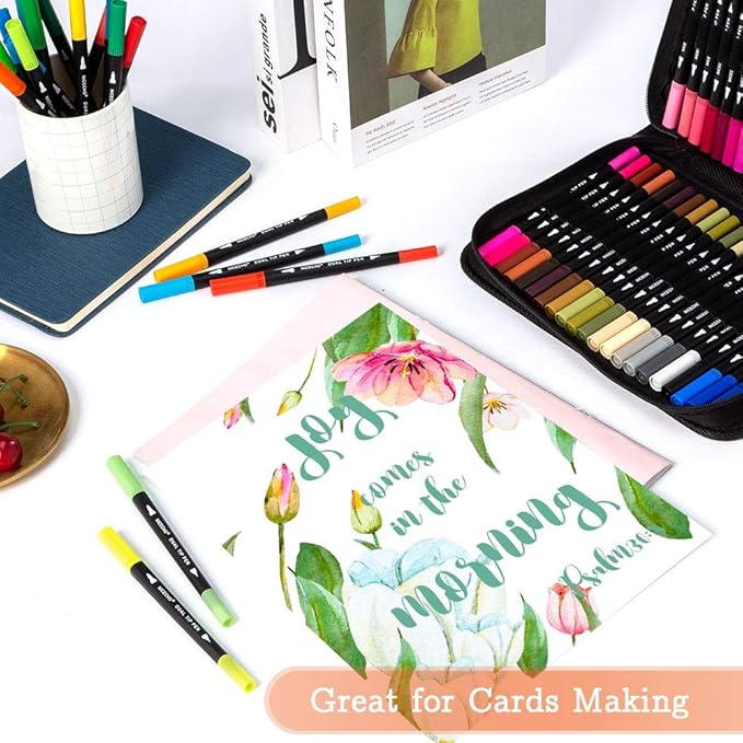 Art Markers Dual Brush Pens for Coloring, 60 Artist Colored Marker Set, Fine and Brush Tip Pen Art Supplier for Adult Coloring Books, Bullet Journaling, Drawing