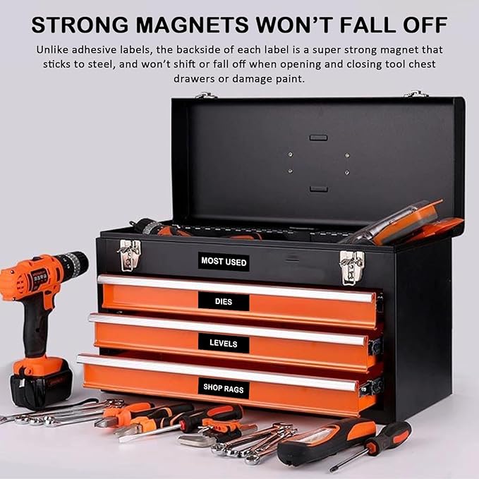 Tool Box Organization Magnetic Labels,Tool Chest Organizer Labels with Strong Magnets,Easy to Read Printing - Fits All Brands of Steel Tool Box Drawers (72 Pcs, 4 x 1 Inches)