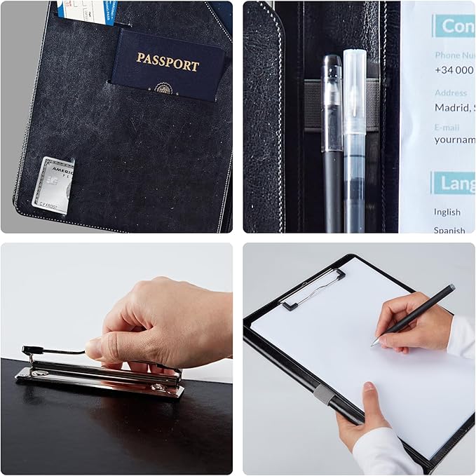 PU Leather Padfolio Clipboard Notepad with Pen Loop and Elastic Strap Interview/Resume Document Organizer for Business School Office,Kitten with Glasses