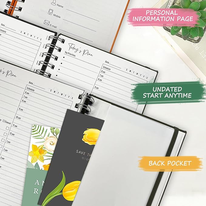 Undated Daily Planner,Undated Planner with Hourly Schedules, Daily Organizer Notebooks for work, Spiral Appointment Planner for Men and Wome, To Do List Notebook for Time Management, Elastic Closure, Pocket(Orange)