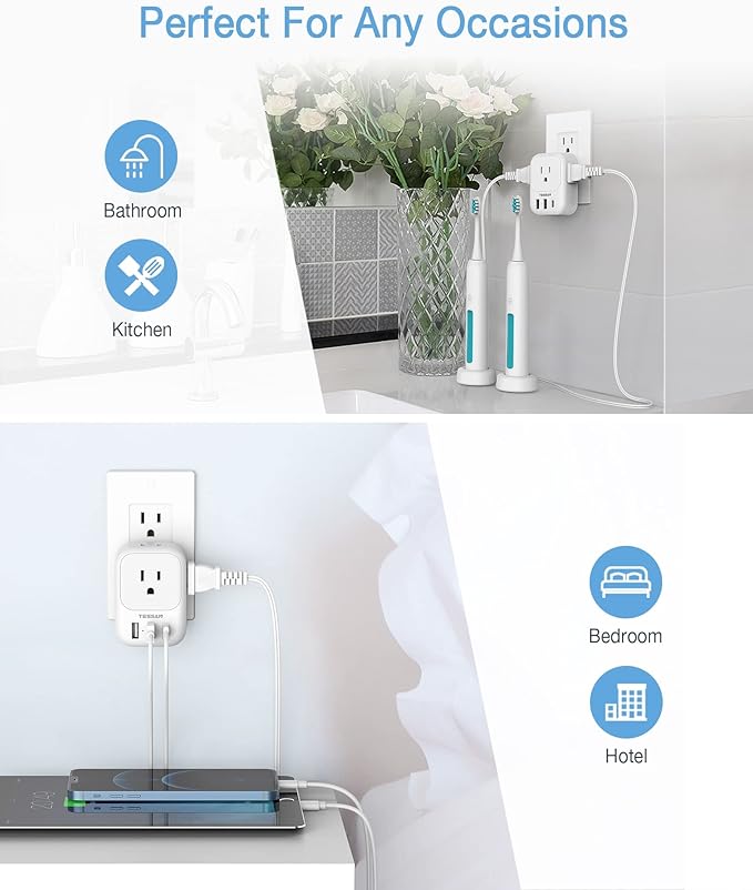 USB Wall Charger, Wall Plug Adapter Outlet Extender, TESSAN 3 Charger Block (1 USB C Port), Multi Charging Station for Cruise, Bathroom, Office, Dorm Essentials, White