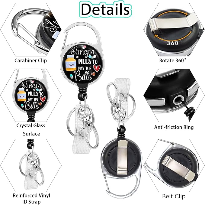 Pharmacy Technician Badge Reel Retractable Heavy Duty with 360°Swivel Carabiner Clip, Pharmacist Pill ID Badge Holder Retractable, Nurse Doctor ID Card Holder Retractable Keychain Name Badge Clip