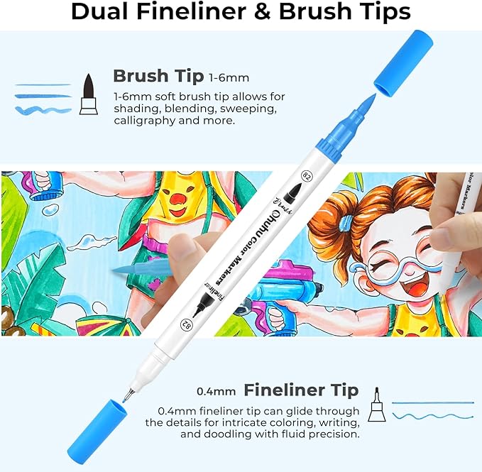 Ohuhu Markers for Adult Coloring Books No Bleeding 100 Colors Water-based Dual Tips Fineliner & Brush Coloring Markers for Kids Adults Beginners Drawing Pens for Journaling Lettering - Maui - White