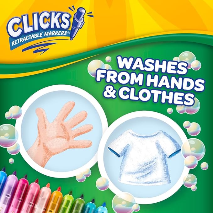 Crayola Clicks Retractable Tip Markers (10ct), Easter Basket Essentials, Cone Tip, Washable Art Marker Set for Kids, Long Lasting Coloring Supplies, 3+