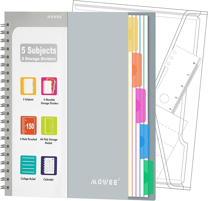 5 Subject Notebook - Spiral Notebook, College Ruled Notebook With Dividers Pocket, Tabs, 11" Ruler, 300 Pages, for Writing Journal, Home & Office, School Supplies,8.5''x11'' Lily White 150Sheets