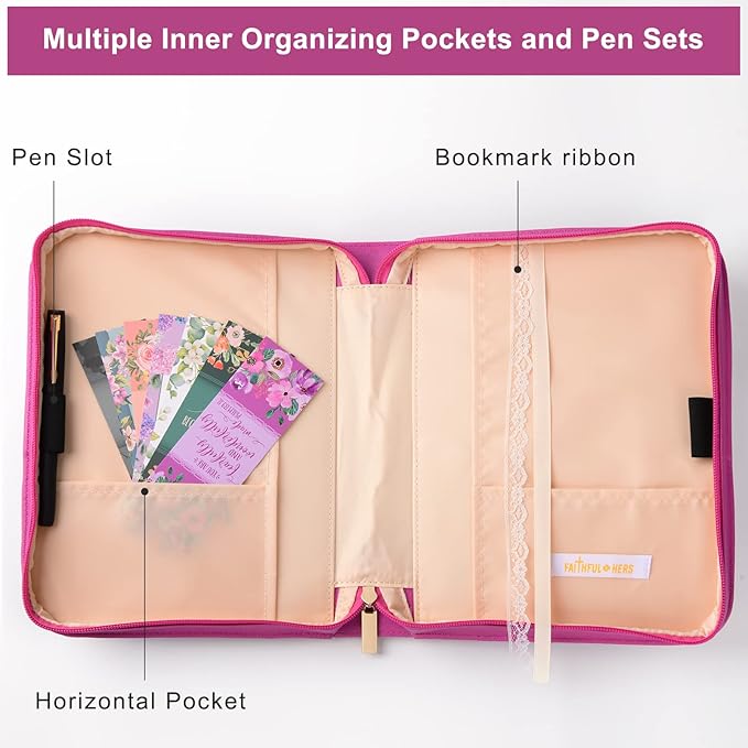 Bible Covers Case for Women Large Leather Bible Carrying Cases Holder Pink 10.8"x7.8"x2" Floral Bible Carrier Tote Bags with Bookmarks Handles Pockets Christian Study Bible Book Gifts