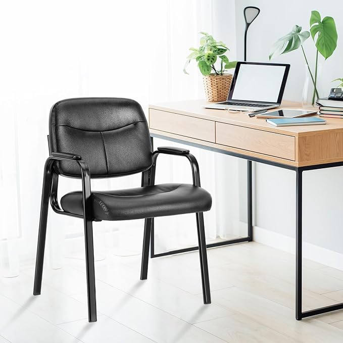 Sweetcrispy Waiting Room Chairs No Wheels Set of 4, Leather Stationary Office Reception Guest Chair with Padded Arms for Elderly Desk Conference Room Lobby Table Side Salon