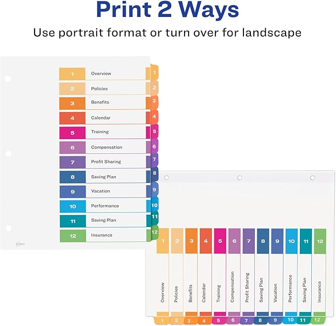 Avery 12 Tab Dividers for 3 Ring Binders, Customizable Table of Contents, Multicolor Tabs, 1 Set (11141)