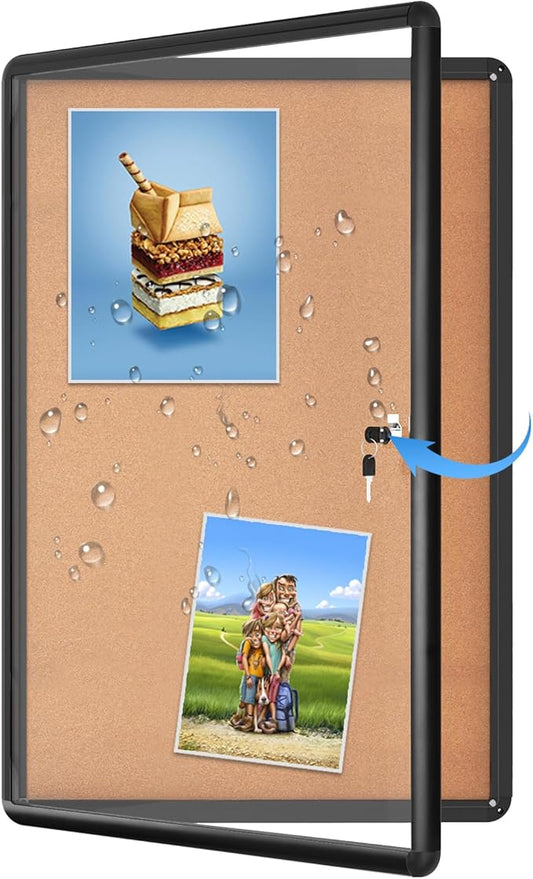 Magula 24"x18" Enclosed Cork Bulletin Board Tamper-Proof Dispaly Case, Black Aluminium Frame, Shatter Resistant Lockable Bulletin Board, Enclosed Cork Board for School, Office,Commercial,Hospital etc