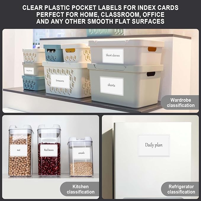 50 Pieces 3x4 inch Adhesive Plastic Pockets Sleeves with 50 Pieces White Insert Cards, Self Adhesive Clear Label Holder Index Card Pocket Sleeves Clear Plastic Sticky Labels Holders
