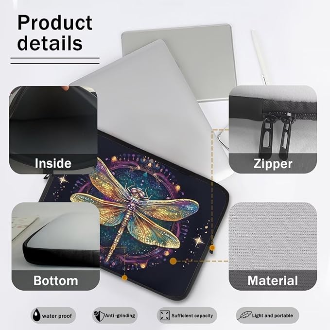 Dragonfly Printed Computer Bags for Laptops for Women, Large Capacity Computer Carrying Cover Laptop Briefcase, 15 Inch Water Resistant Laptop Case Portable Computer Case Bag