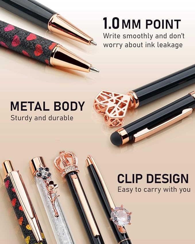 WEMATE 8Pcs Ballpoint Pens Set Metal Crystal Diamond Pen Glitter Pen for Journaling Black Pen Bling in Black & Blue Ink Pretty Cute Pens Fancy Pens Gifts for Women Wedding School Office Desk(Black)
