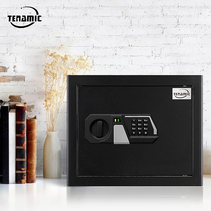 Tenamic Fireproof Safe Box 1.2 Cuft Electronic Digital Security Box, Keypad Small Lock Box Cabinet Safes with Internal Light, Solid Alloy Steel Office Hotel Home Safe with 2 Passwords, Black