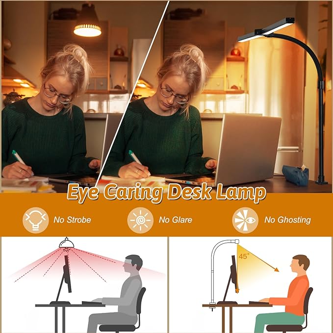 Double Head LED Desk Lamp with Anti-Glare Cover Tall Desk Lamps for Home Office 24W Brightest Computer Desk Light Office Lamp for Workbench Drafting Architect Study Reading with Clamp and Base