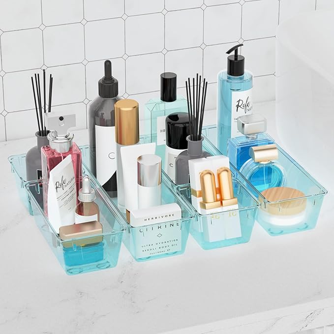 WOWBOX 12 Pack Clear Drawer Organizer Set, Acrylic Drawer Storage Trays, Storage Bins for Makeup, Cosmetics, Jewelries, Utensils, Gadgets, Office, Sea Blue