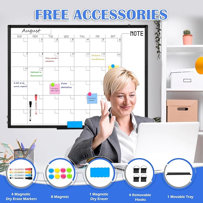 WALGLASS Dry Erase Calendar Whiteboard, 48" x 36" Monthly Large Dry Erase Calendar for Wall, Double-Sided Hanging Calendar White Board with Black Aluminum Frame for Home, School, Office, Kitchen