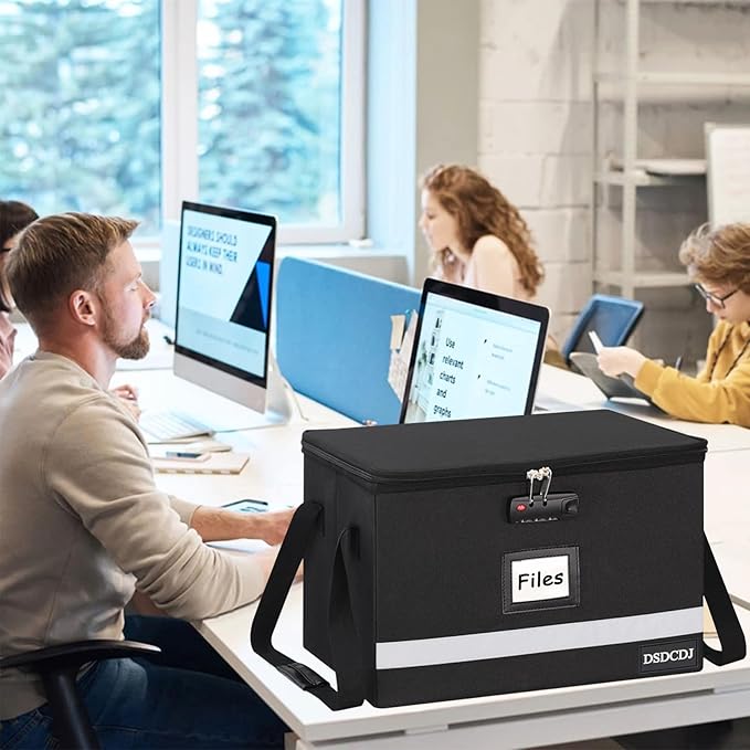 File Box with Lock - Portable File Box with Handle, Sturdy Important Document Organizer with Label, Slide, Reflective Strip for Hanging Letter/Legal Folder