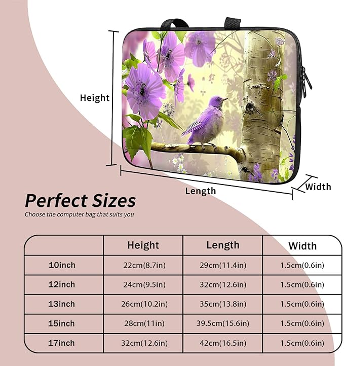 Laptop Sleeve Case Bag 13 inch, Purple Florals Hummingbird Slim Carrying Case Durable Handbag Travel Laptop Bag for 13 inch MacBook Air M3/M2/Pro M2/ 13" iPad Pro/Air M4/M2 2024