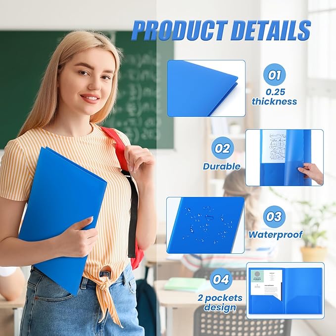 Gueevin 50 Pcs Plastic Folders with Pockets, Two Pocket Folder Fit Letter Size, Heavy Duty School Business Card Holder for Home Office School Bussiness, 11.61 x 9.45 Inches (Blue)