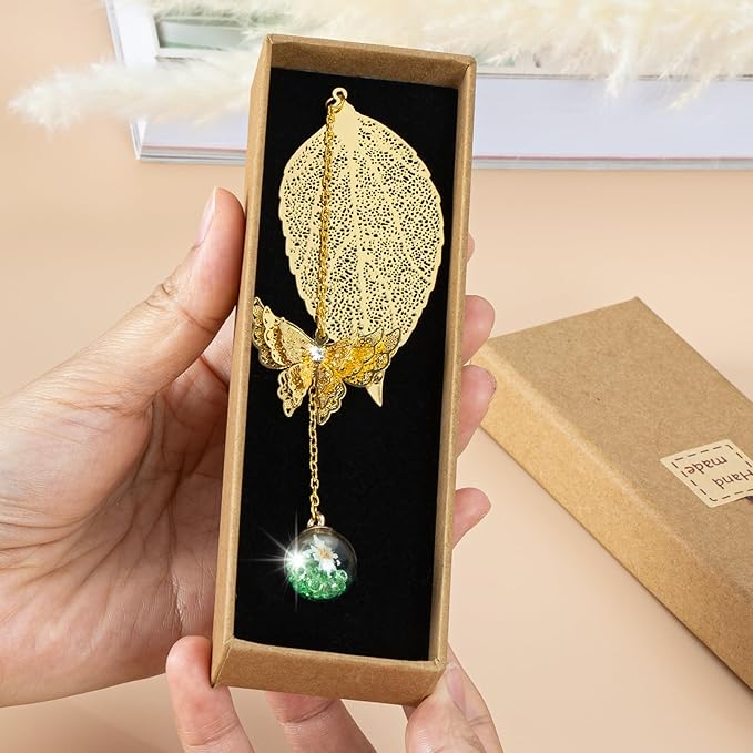 Golden Leaf Metal 3D Bookmark with Bonus Handmade Greeting Card, Butterfly & Sunflower Craft Gift Card Envelope, Gift for Book Lovers, Family, Friends, Teacher & Kids Chongzhen