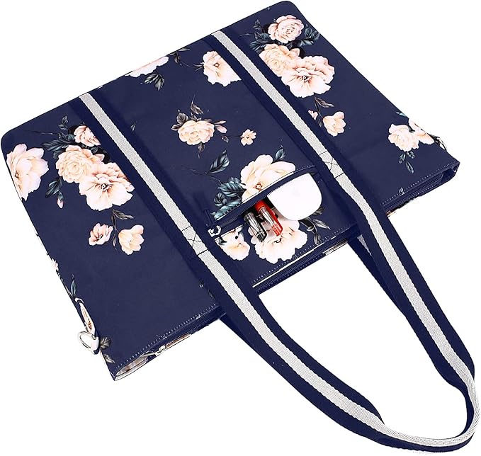 MOSISO Laptop Tote Bag for Women (17-17.3 inch), Canvas Camellia Multifunctional Work Travel Shopping Duffel Carrying Shoulder Handbag, Blue