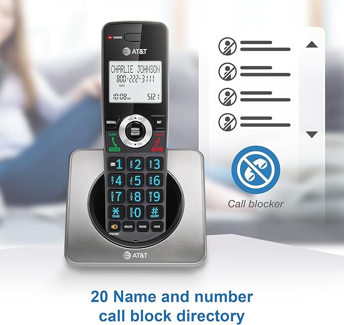 AT&T GL2101-5 DECT 6.0 5-Handset Cordless Home Phone with Call Block, Caller ID, Full-Duplex Handset Speakerphone, 2" White Backlit Display, Lighted Keypad (Graphite & Black)