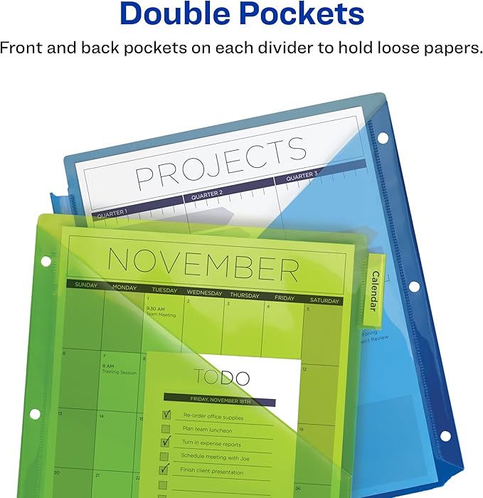 Avery Dividers for 3 Ring Binders, 5-Tab Sets, Two-Pocket Plastic Binder Dividers with Tabs, Multicolor, 3 Sets (71906)