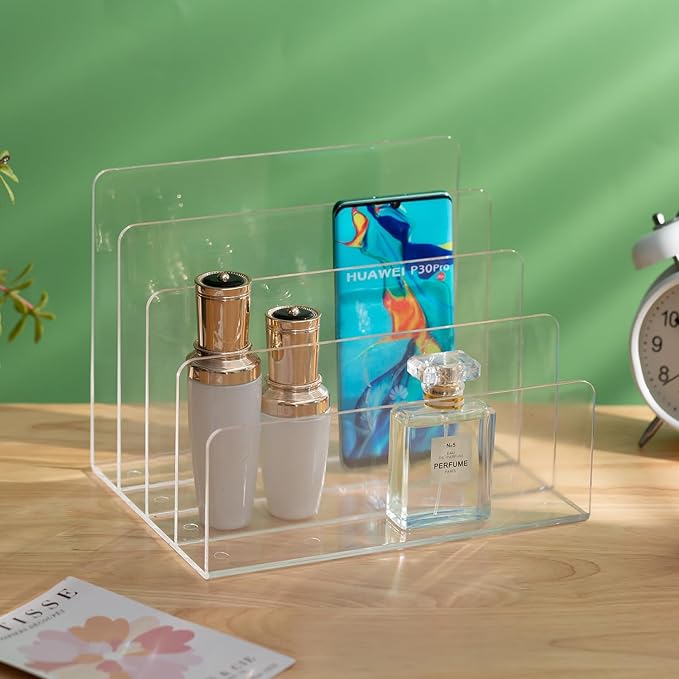 Sooyee File Organizer for Desk, Mail Organizer Countertop,4-Section File Holder for Home Office,Book Organizer,Acrylic Desk Organizer for Letter, Document, Notebook, Binder, Purse, Palette,Clear