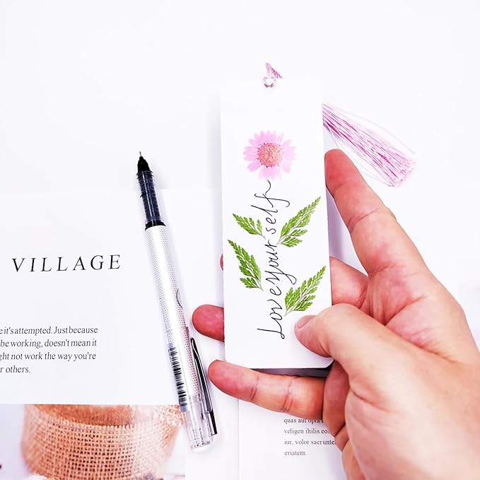 Cardstock Blank Bookmarks Set, 6 Pcs DIY White Craft Bookmarks for Pressed Flowers, Dried Flower Bookmark Making Kit with 22 Pcs Pressed Flowers, 6 Pcs Tassels, DIY Bookmarks for Dried Flowers