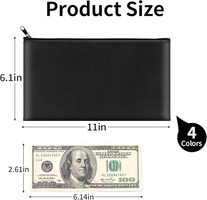 4 Pack Money Bags with Zipper, 11x6.1 Inch PU Leather Cash Pouch, Secure Bank Bag for Coins, Bills, Checks, Invoices, Cosmetics, Tools (Multi Color)