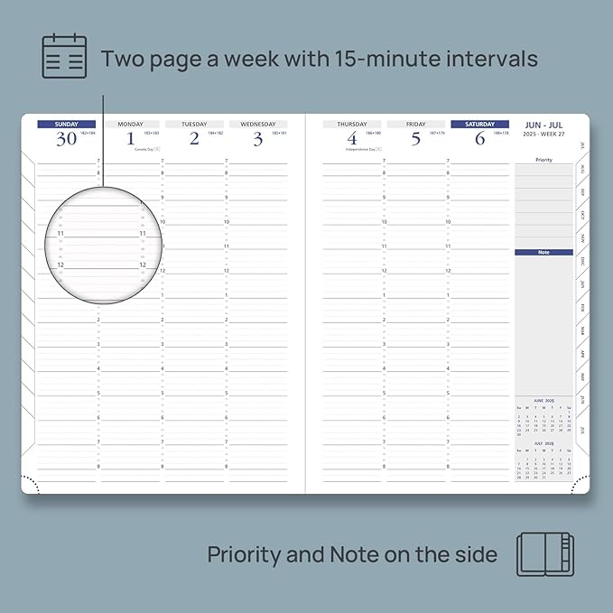 POPRUN 2025 Weekly Planner 8.5" x 11", Quarter-Hourly Appointment Book with PU Leather Soft Cover, Dual Pockets, Gift Box, Monthly Tabs, 100GSM Thick Paper, Sunday Start - Black