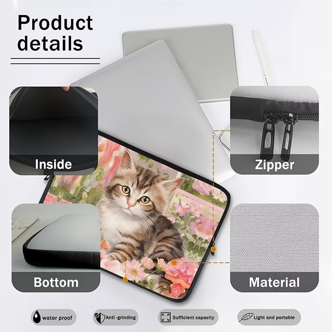 Cat Rose Printed Laptop Bag for Women Men, Lightweight Laptop Briefcase 15 Inch Shockproof Computer Carrying Cover with Zipper, Easy to Carry Laptop Case Bag for Daily Commuting
