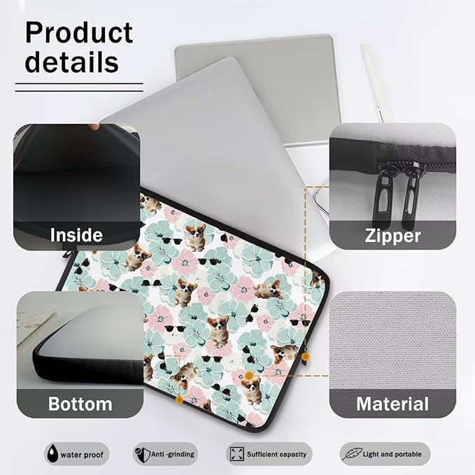 Corgi Dog Printed Computer Bags for Laptops for Women Men, Shockproof 12 Inch Laptop Case Bag Floral Print Messenger Bag with Zipper, Laptop Case Computer Carrying Cover Easy to Carry