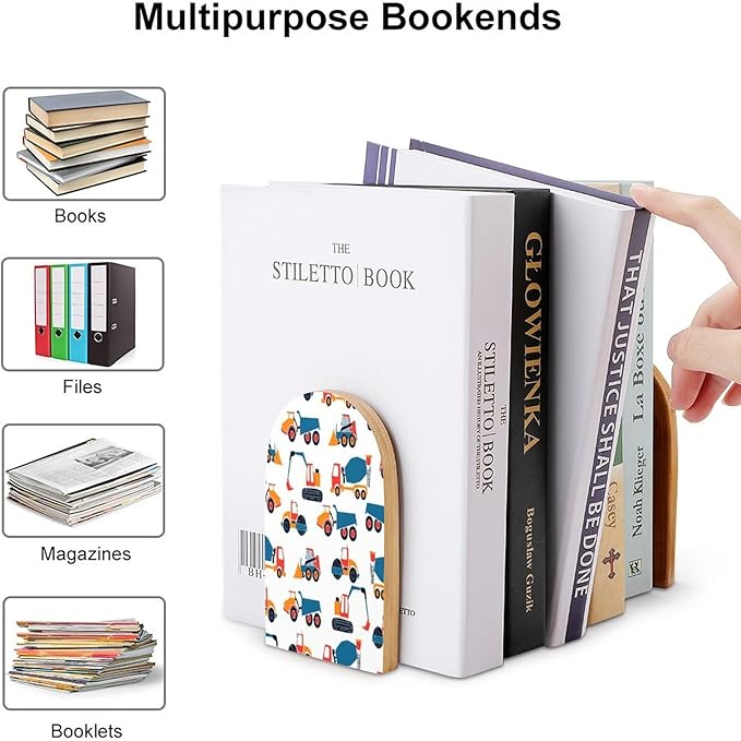 2 Pack Wood Bookends, Cars Excavators Pattern Non-Skid Book Ends for Heave Books, Decorative Bookends for Shelves Desk, Book Stoppers Book Holders for Home Office Library School