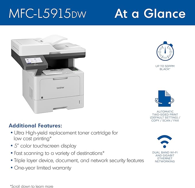 Brother Monochrome Laser Printer, Multifunction All-in-One Printer, MFC-L5915DW, Wireless Networking, Mobile Printing & Scanning, Duplex Print, Copy & Scan, Works with Alexa
