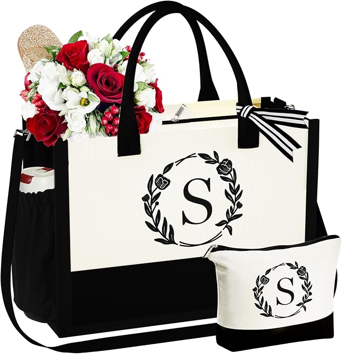 YOOLIFE Christmas Gifts for Women - Initial Canvas Tote Bag & Makeup Bag, Birthday Gifts for Women Her Mom Teacher Friend