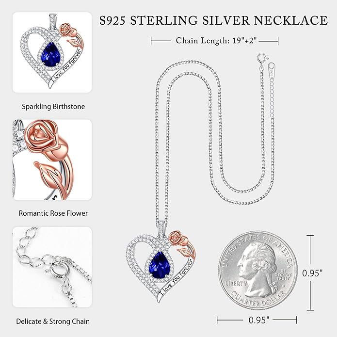 Hidepoo Christmas Gifts for Women Mom Wife - Sterling Silver Rose Heart Birthstone Necklace I Love You Forever Heart Pendant Teardrop Necklace Jewelry Anniversary Valentines Christmas Birthday Gifts